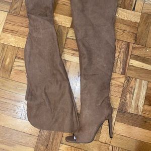 Brown Open Toe Thigh High Boots